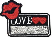 Zwart Met Rode Mond Love tekst En Crystal Steentjes Patch 9 cm x 6,7 cm