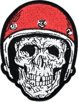 Skull Doodskop Doodshoofd Helm Strijk Embleem Patch 7.1 cm / 9.2 cm / Rood Wit Zwart