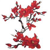 Rode Magnolia Bloesem Bloemen Tak XXL Strijk Embleem Patch 40 cm / 47 cm / Rood Wit