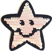 Smiley Ster Reversible Paillette Strijk Embleem Patch Van Roze Naar Zilver 9.5 cm / 9.5 cm / Roze Zwart