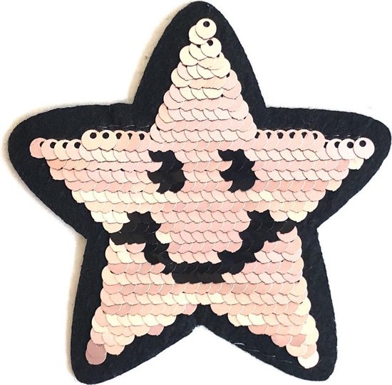 Foto: Smiley ster reversible paillette strijk embleem patch 9 cm 8 5 cm roze zilver