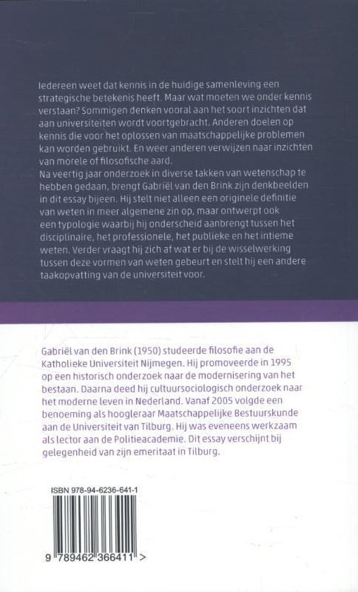 Achterkant boek "Hoe wij beter over kennis kunnen nadenken" met tekst over de auteur Gabriël van den Brink.