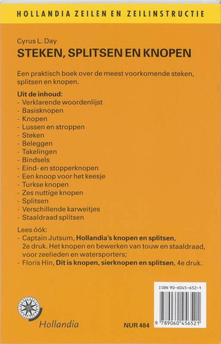 Achterkant boek met inhoudsopgave en afbeelding van kompas. Titel: Steken, splitsen en knopen.