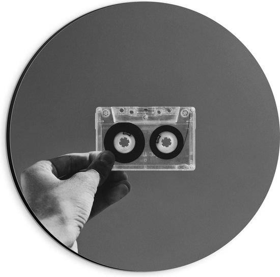 Dibond Wandcirkel - Doorzichtig Cassettebandje (zwart/wit) - 20x20cm Foto op Aluminium Wandcirkel (met ophangsysteem)