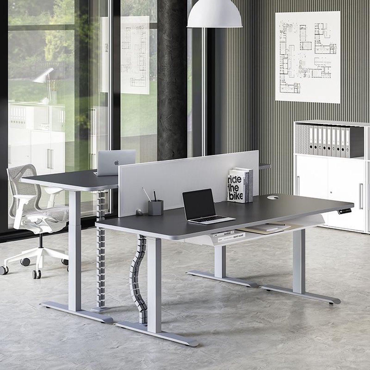 Tri-bureau Premium, Bureau assis-debout électrique, Base blanche, Feuillage Grijs