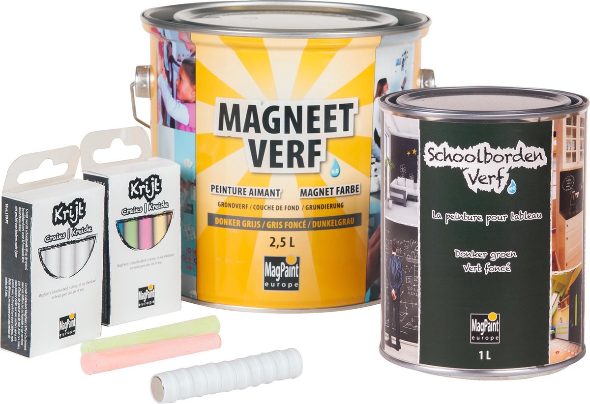 MagPaint Magneetverf & Schoolbordenverf Pakket - 2500ml Magneetverf - 1000ml Groene Schoolbordenverf - 10 Krijtjes - 10 Neodymium Magneten