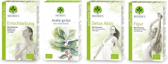 Neuner's Detox theepakket: Groene Maté thee, Ontgiften, Balans Actief en Figuur thee, - 4 doosjes x 20 zakjes, biologische kruidenthee.
