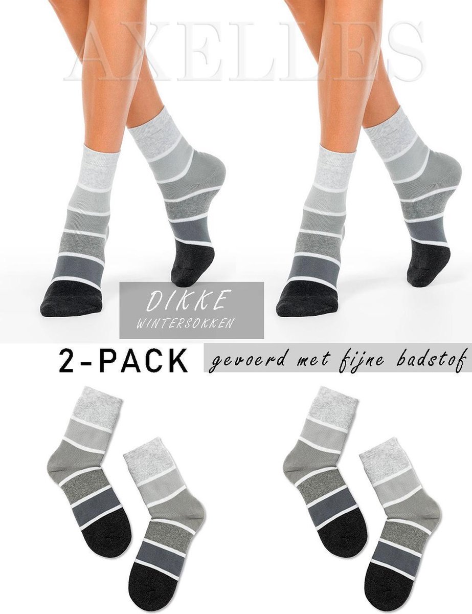 Dikke sokken gevoerd, oplopend gestreept, 2-paar, grijs, maat 36/37 (23).