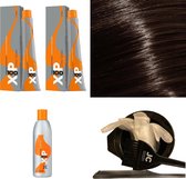 XP100 haarverfpakket kleur 4.1  Middenbruin & As (2x 100ML) met 3% waterstof ( 1x 250ML) incl verfbakje, kwast, maatbeker, puntkam en handschoenen