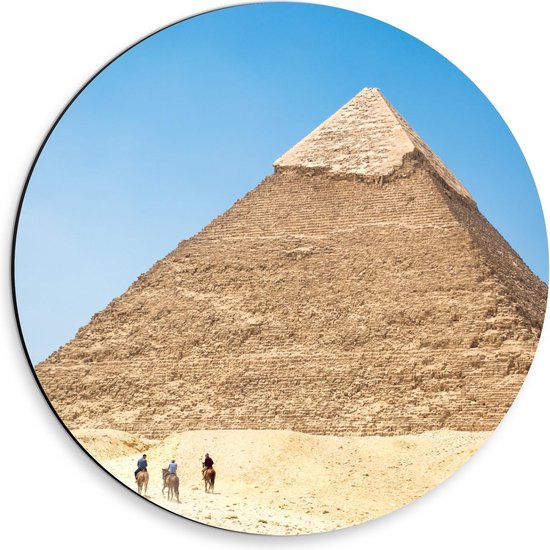 Dibond Wandcirkel - Kamelen aan Piramide - 30x30cm Foto op Aluminium Wandcirkel (met ophangsysteem)
