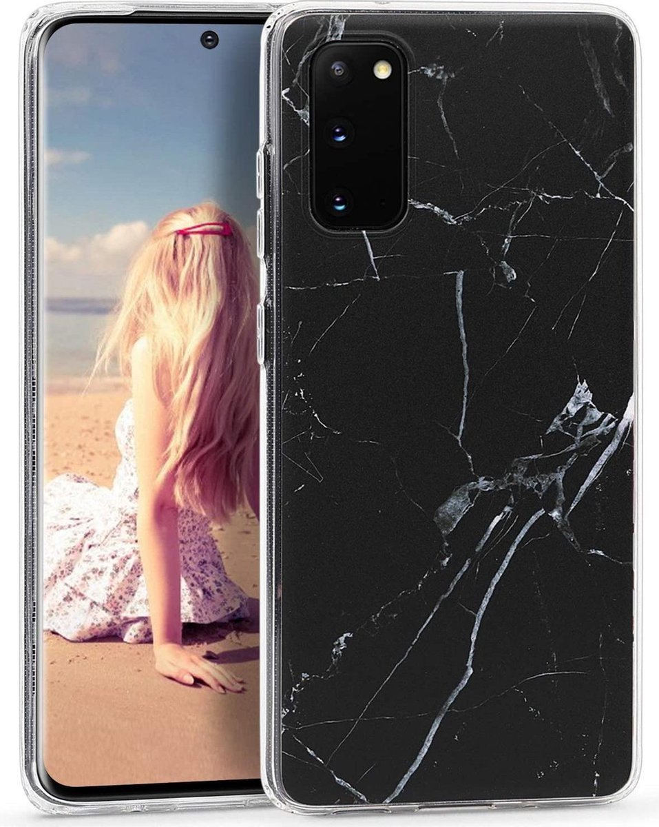 Geschikt voor Samsung Galaxy S20 Plus hoesje - Zwart / Wit - Marmer - Soft TPU