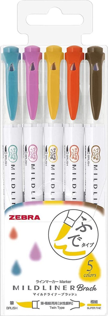 Zebra Mildliner - Brush pennen - Dubbelzijdig - Warme kleuren - Set van 5
