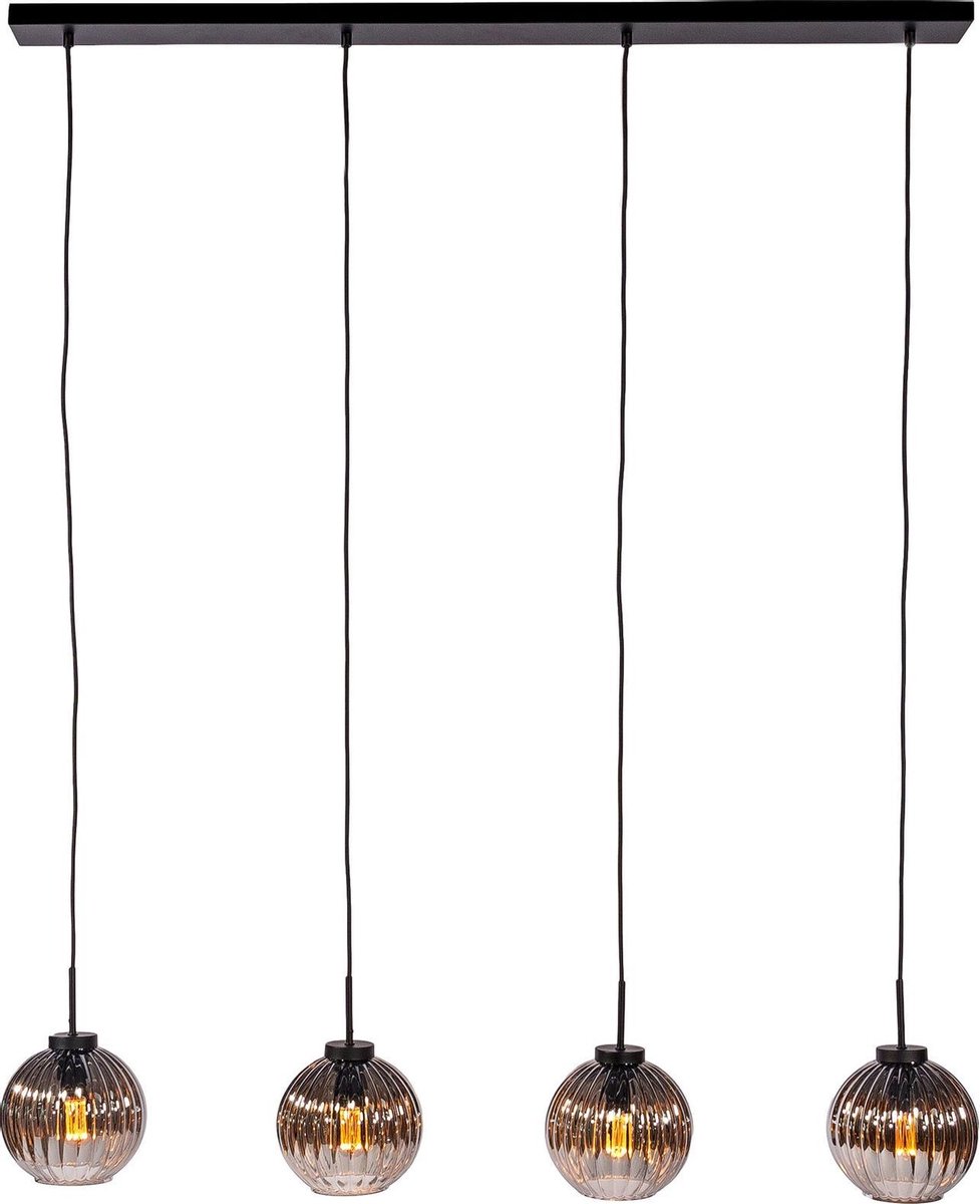 Smoked vintage - Hanglamp - 4-lichts - gerookt glas - geribbeld - bolvormig