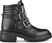 PS Poelman Klara Dames Leren Chunky Biker Boot met Gespen en Ritssluiting - Zwart - Maat 36