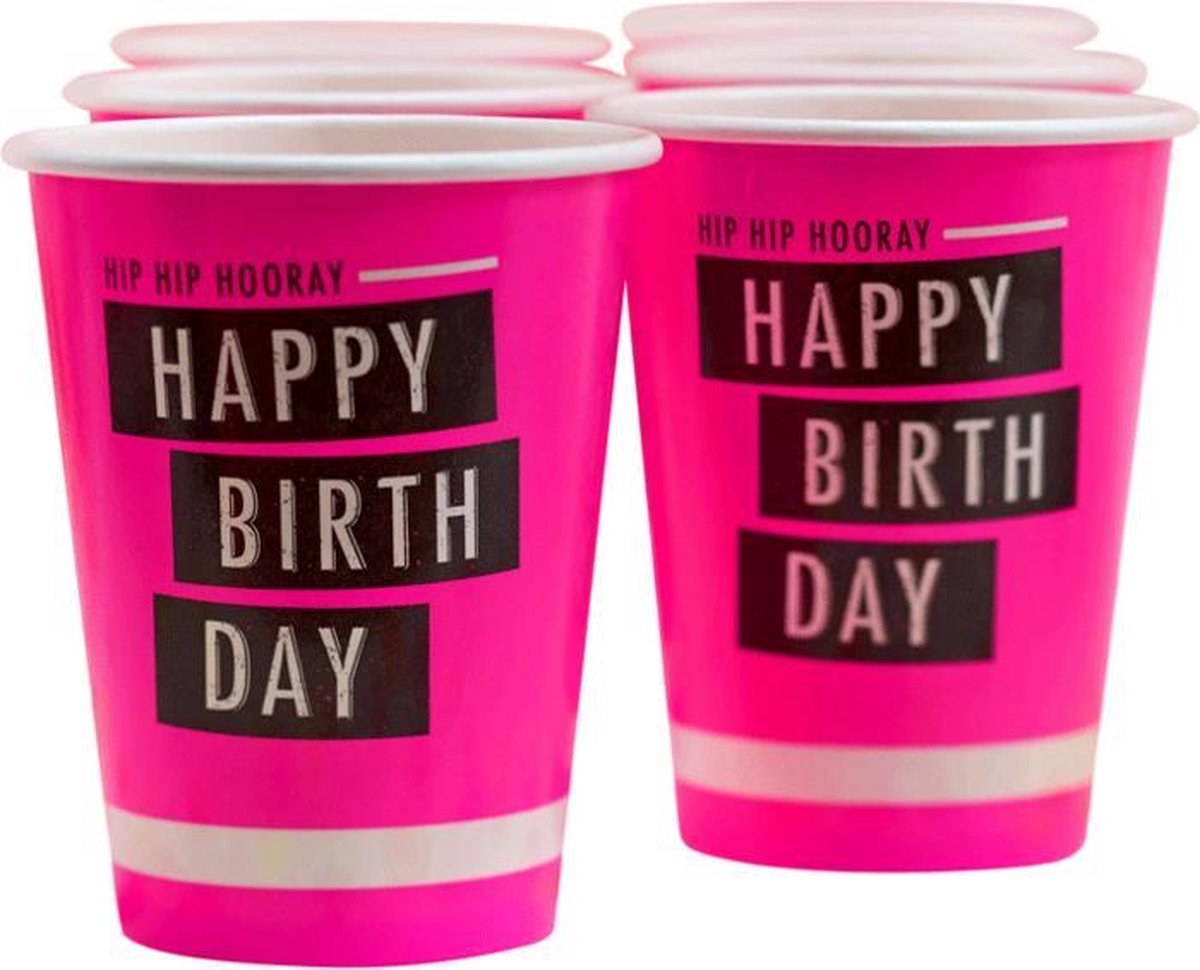 Neon roze wegwerpbekers happy birthday