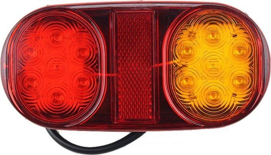 Langwerpig achterlicht met rode en gele LED's, met zwarte kabel.