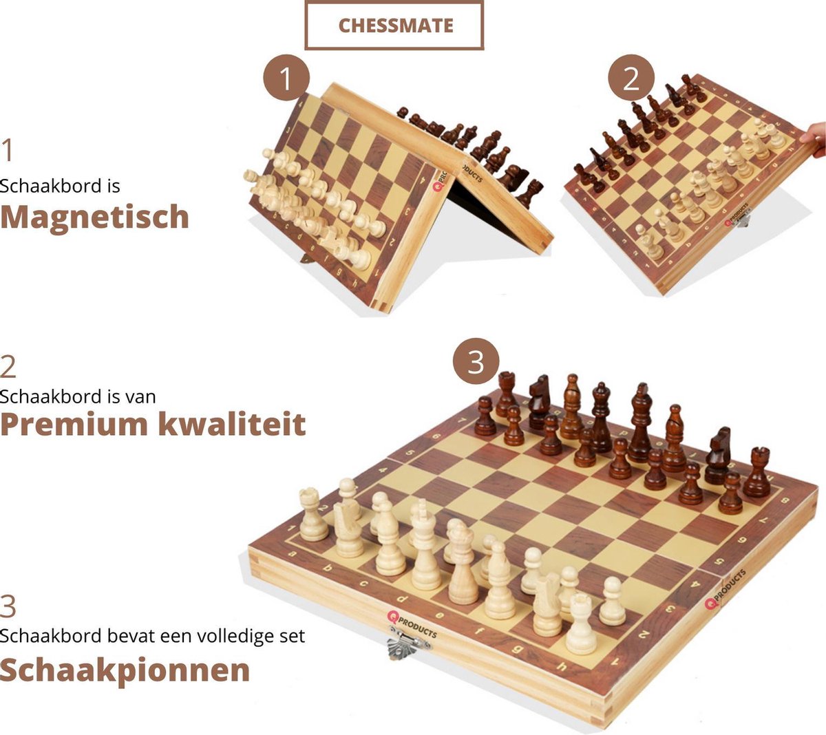 Qproducts Chessmate – Inclusief ebook – Magnetisch Schaakspel – Schaakbord – Schaakbord met Schaakstukken – Schaakset – Schaakspellen – Schaakspel hout volwassenen – Schaakborden Kinderen - Qproducts
