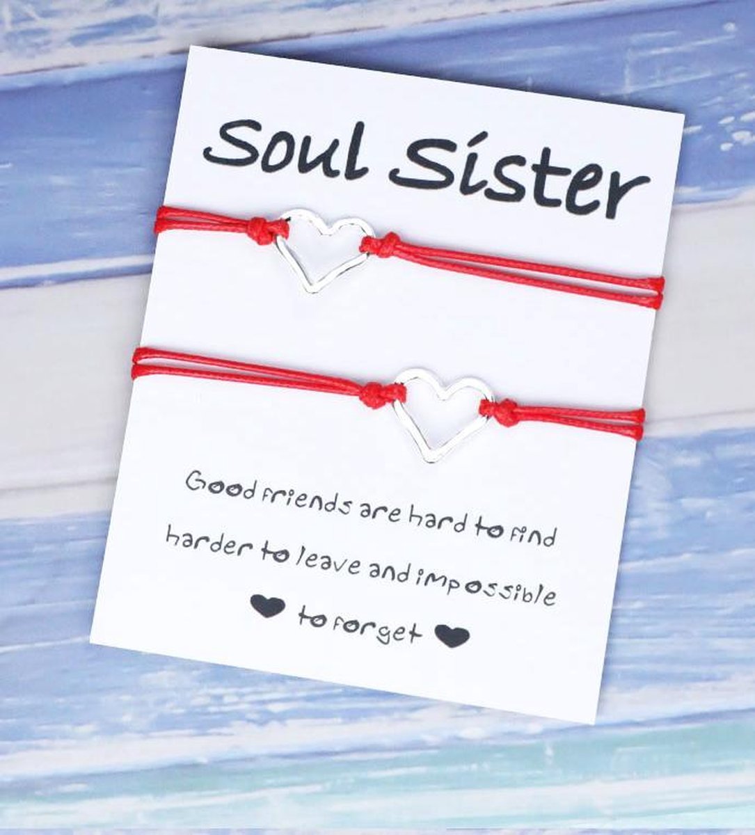 Sisters armband - soul sister - 2 stuks - hanger hart - rood - bestfriendsarmband.nl