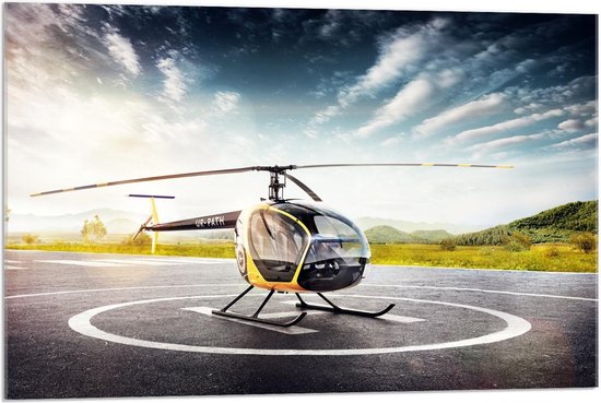 Acrylglas - Gele Helicopter  - 90x60cm Foto op Acrylglas (Wanddecoratie op Acrylglas)