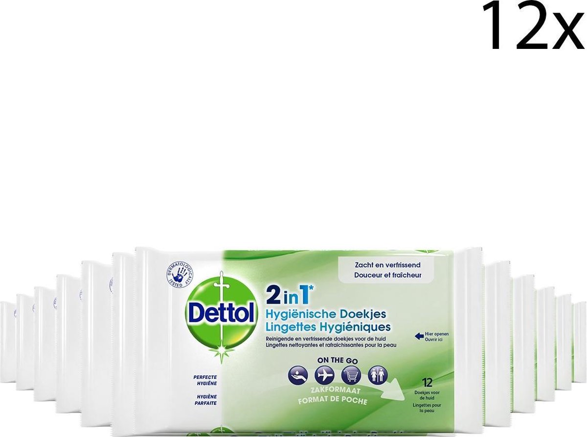 Dettol - Hygienische Doekjes - 2 in 1 - Handig voor onderweg - 12 x 12 stuks