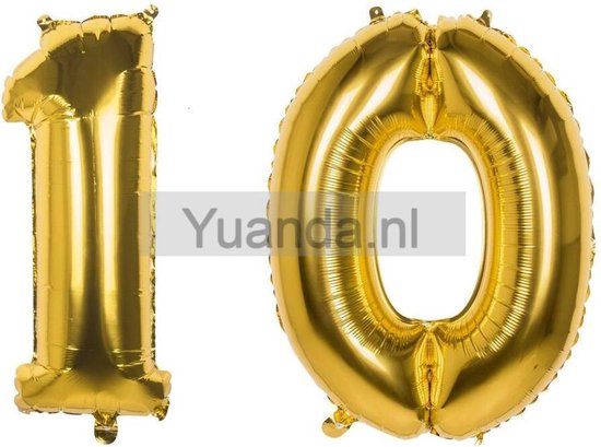 10 Jaar Folie Ballonnen Goud - Happy Birthday - Foil Balloon - Versiering - Verjaardag - Jongen / Meisje - Feest - Inclusief Opblaas Stokje & Clip - XXL - 115 cm
