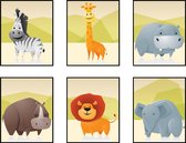 Poster Set 6 Safari Dikke Dieren Leeuw  Giraffe Zebra Nijlpaard Neushoorn  en Olifant - 30x21cm/A4 - Baby / Kinderkamer - Muurdecoratie - Postercity