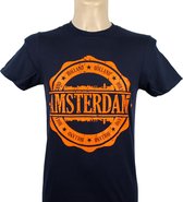 T-Shirt - Casual T-Shirt - Fun T-Shirt - Fun Tekst - Lifestyle T-Shirt - Outdoor Shirt - Skyline - Amsterdam Stempel Oranje - Navy - Maat M
