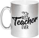 Best teacher ever mok / beker zilver met hartjes - 330 ml - cadeau juf / meester / leraar / lerares