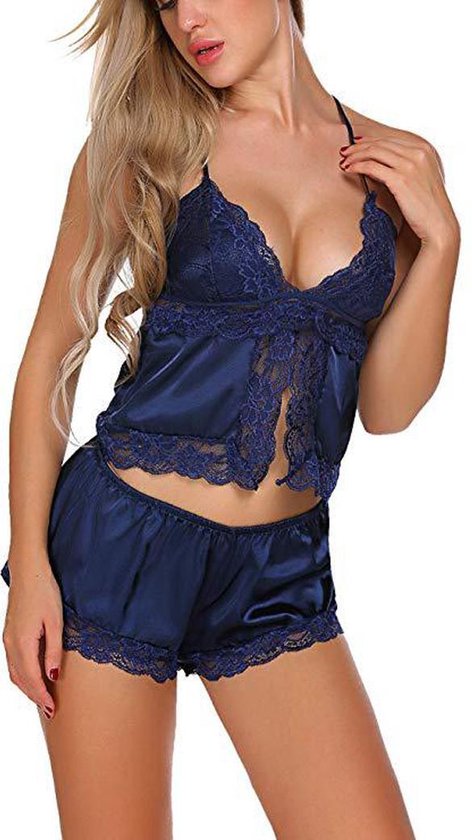 sexy satijnen setje lingerie nachtkleding blauw maat M | bol.com