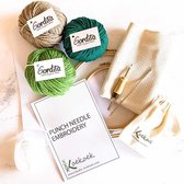 Punch needle starterset pakket met ecologische materialen | Inclusief instructies voor beginners eco wol, aanpasbare punchnaald, en monks cloth | kleurset groen
