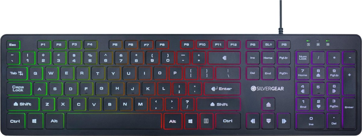 Silvergear Gaming Toetsenbord - RGB Led Gaming Keyboard - QWERTY - Regenboog Verlichting - Soft Button Systeem - Multimedia Toetsen - Basic Flatcaps Platte Toetsen
