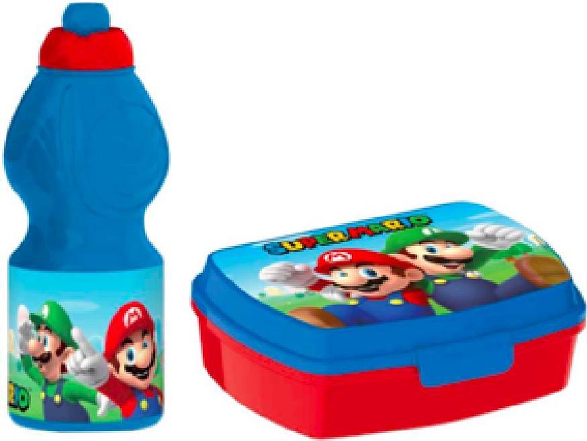 Mario brooddoos (17 cm - 13 cm - 6 cm) + drinkfles ( 18 cm hoog - 400 ml)