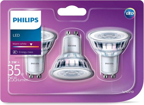 leeuwerik Christian Kip Philips LED Lamp GU10 Fitting - 3,5W - 255Lm - Reflector - 3-Pack - Warm  Wit | bol.com