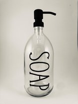 Zeepdispenser | Zeeppompje | Soap | transparant glas | 1ltr | Vintage label | Mat zwart metaal pomp | Glas