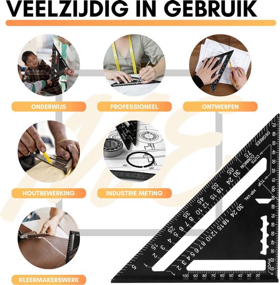 Omnium - Carré - Driehoek métrique - Speed Square - Crochet d'écriture - Crochet de bloc - Crochet à onglet - Triangle de mesure 5 en 1 - Zwart