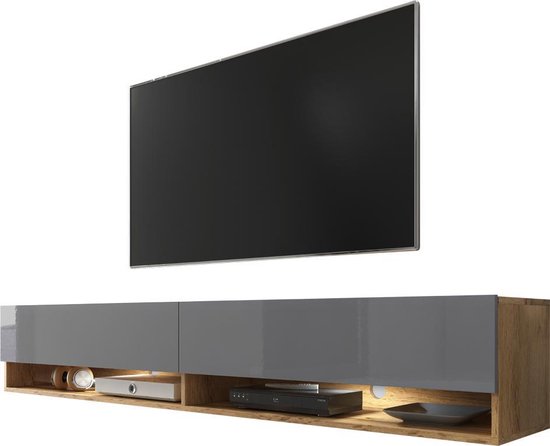 Maison’s Tv meubel – Tv Kast meubel – Tv meubel – Tv Meubels – Tv meubels Hout – Eiken hout – Bruin – Grijs – LED Verlichting – Wander – 180x30x32,5