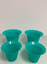 Kunststof bloempotten met decoratieve rand - set van 4 stuks (groot/klein) (turquoise)
