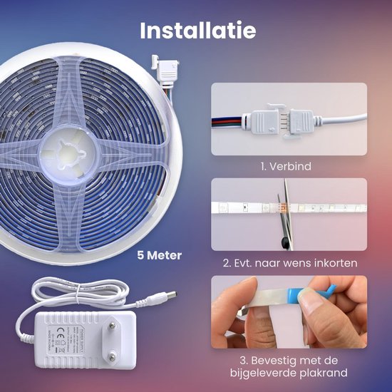 Iqonic Smart Led Light Strip - 5 Meter - Met WiFi, App en Afstandsbediening - RGB Verlichting - Zelfklevend - Google Home en Alexa - Iqonic