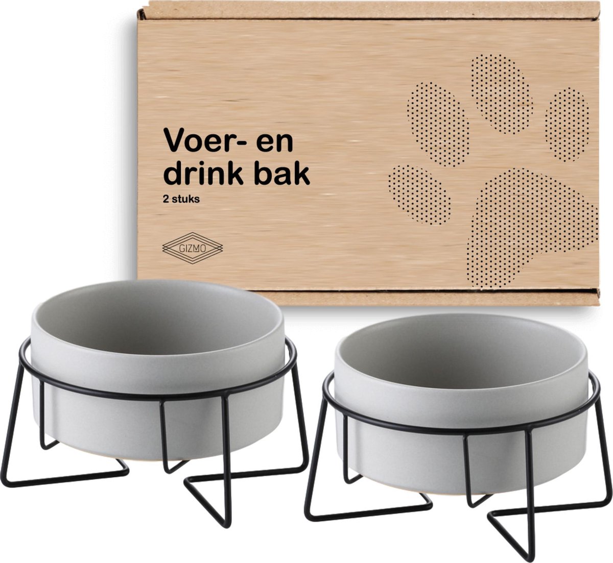 GIZMO 2x Voerbak Kat - 400 ml - Grijs - Keramische Drink- & Voerbakken met Standaard - 13 cm - 2 stu