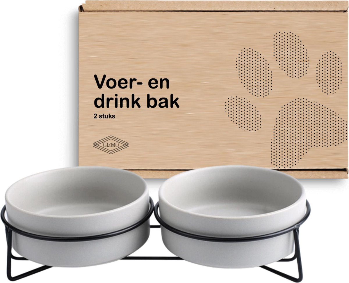 GIZMO Voerbak Kat Dubbel - Grijs - 2 Keramische Drink- & Voerbakken met Standaard - Drinkbak - 13CM