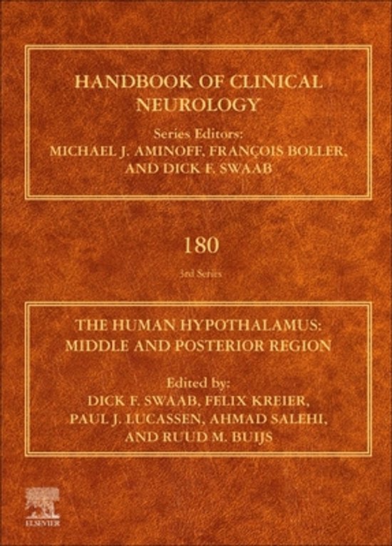 Bruine kaft met lederstructuur van het boek Handbook of Clinical Neurology, deel 180 over de hypothalamus.