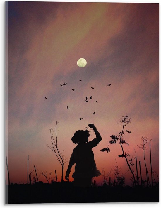 Acrylglas - Witte Maan aan de Hemel bij Meisje tussen Bloemen - 30x40cm Foto op Acrylglas (Met Ophangsysteem)