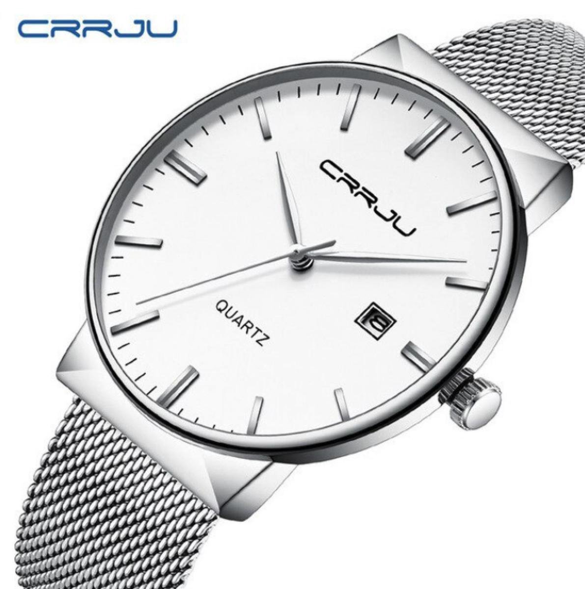 CRRJU Horloge Quartz Ø 41 - Met Datumaanduiding - Zilver-Wit - Staal - Inclusief Horlogedoosje