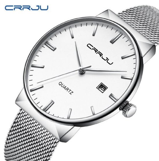 Hidzo Horloge CRRJU Quartz Ø 41 Met Datumaanduiding Zilver/Wit Staal Inclusief Horlogedoosje
