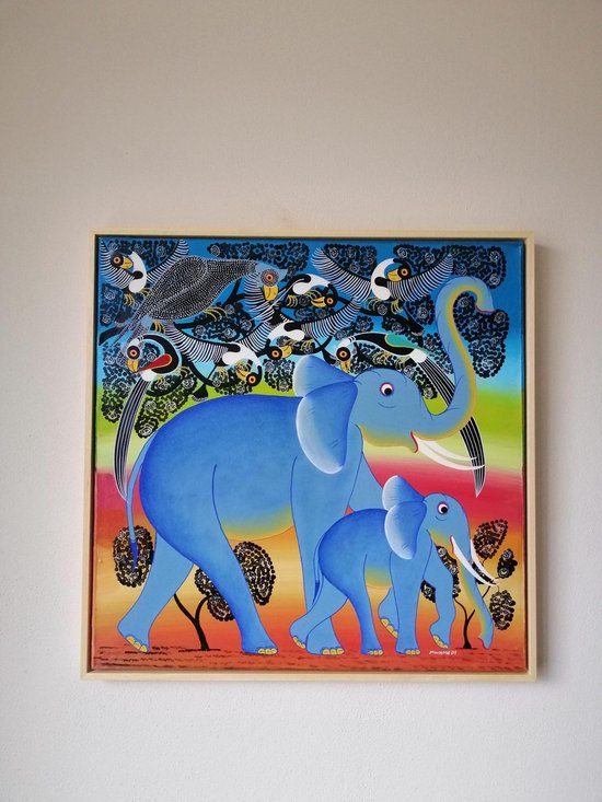 Wanddecoratie - Olifanten - Woonkamer - Elephants on the go - Schilderij - Handgeschilderd - in houten baklijst - 60x60cm - Tanzania - dieren