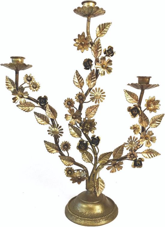 Imbarro - kandelaar - Maria - goud - bloemen -kaarsenhouder voor 3 kaarsen  | bol