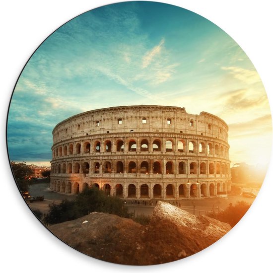 Dibond Wandcirkel - Colosseum in Rome bij Zonsondergang - 50x50cm Foto op Aluminium Wandcirkel (met ophangsysteem)