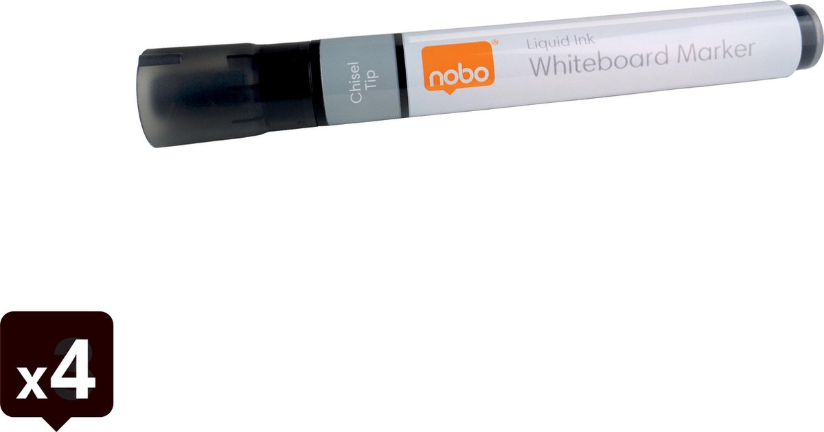 Nobo Liquid Ink Whiteboard Markers Met Beitelvormige Punt - Pak Van 4 Stuks - Zwart