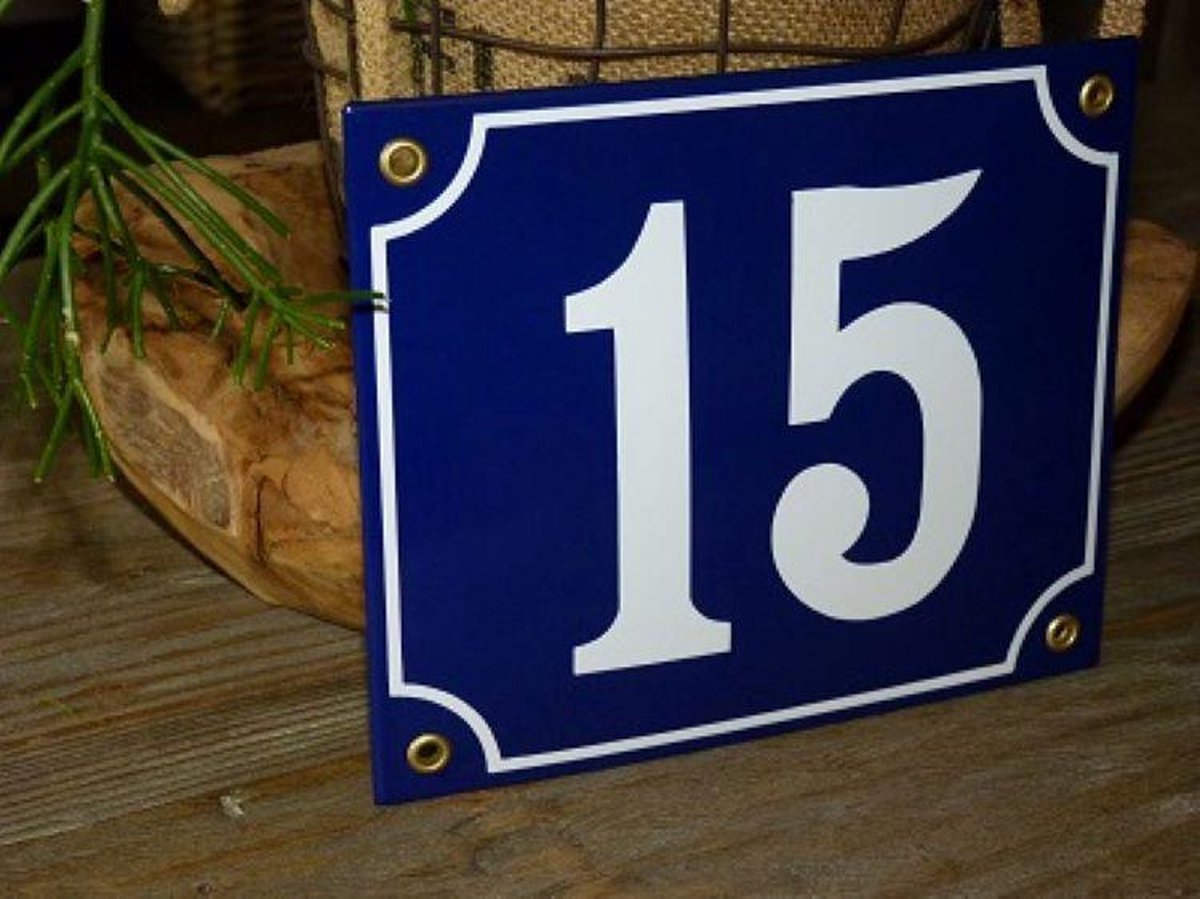 Emaille huisnummer 18x15 blauw/wit nr. 15