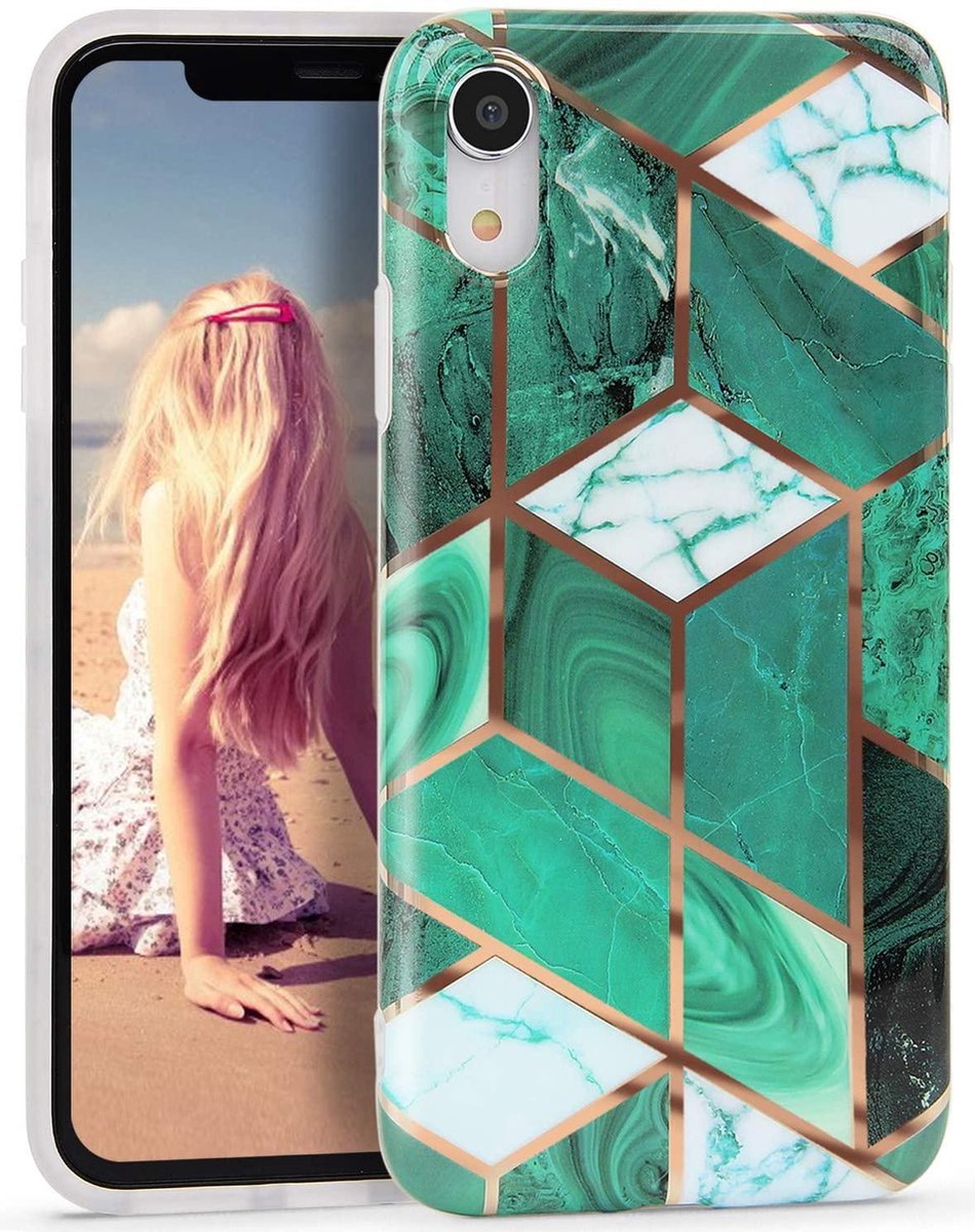 Geschikt voor Apple iPhone XR- Groen - Marmer - Soft TPU